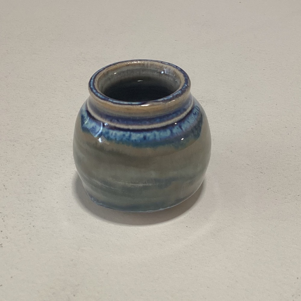 Signed Studio Pottery Miniature Bud Vase Blue Green Reactive Drip Glaze 2 Inch